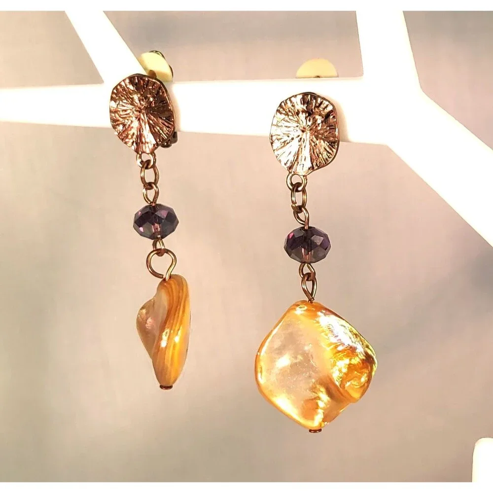 Gold Tone Large Natural Baroque Vintage Pearls Clip on Dangle Earrings 2.25
